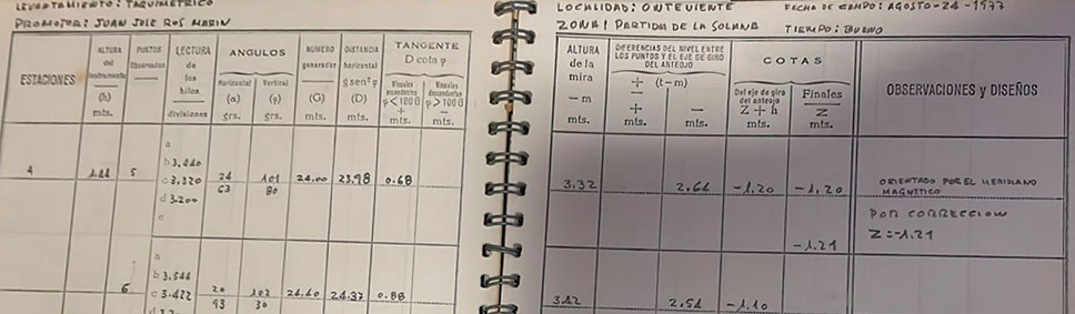 libreta con anotaciones medidas topográficas año 1977